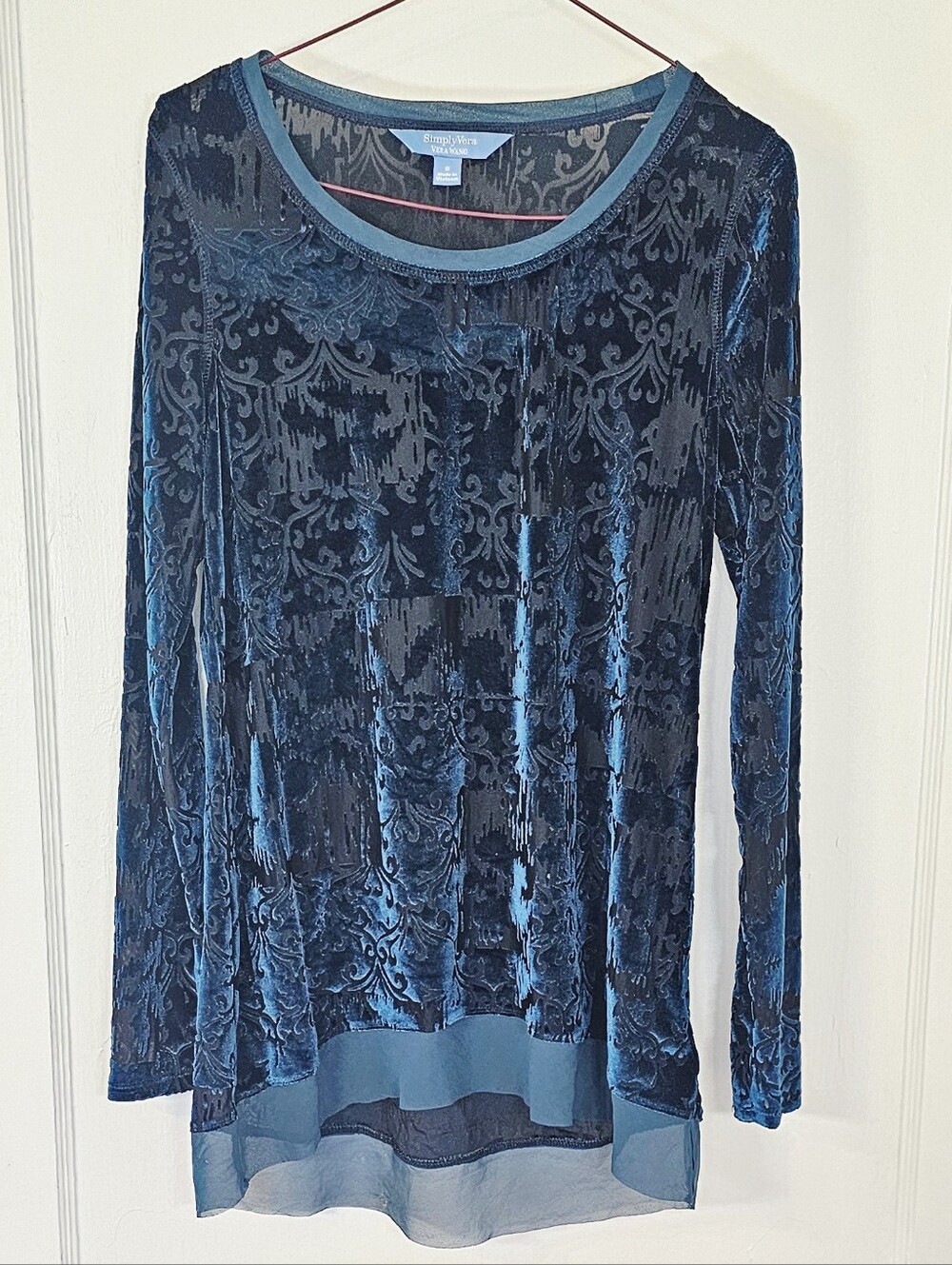 Vera Wang Blue Velvet Burnout Long Sleeve Shirt